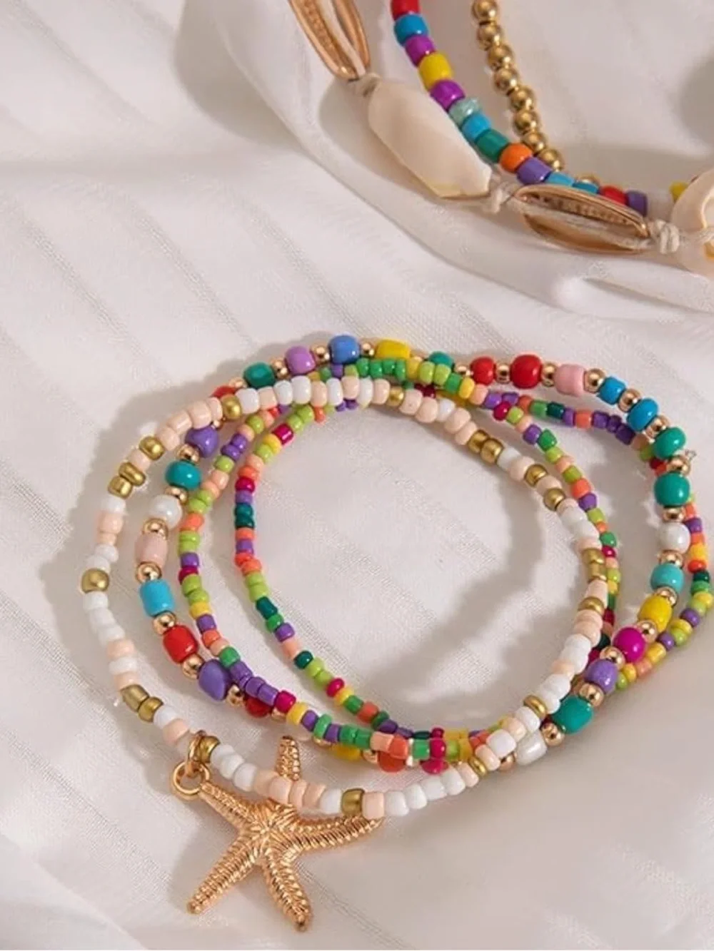 Anthropologie Gold Starfish & Multicolor Beaded Shell Bracelet Stack